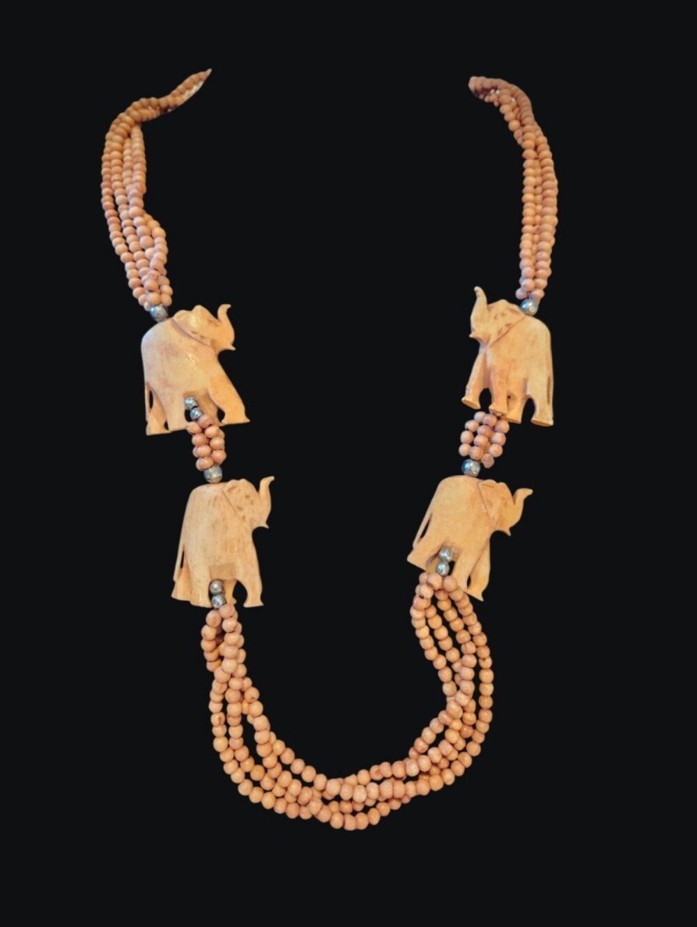 African Tribal Handcrafted Carved Wooden Elephant & Bead Vintage Necklace